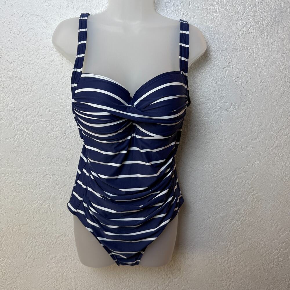 NipTuck Swim One Piece Bathing Suit Navy White Stripe Slimming Womens‎ 12 Resort